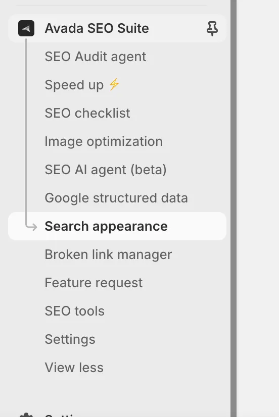 The Alt Text option in the Avada SEO Shopify plugin is not easy to find. This screenshot shows the sidebar option of "Search Appearance" under the Avada SEO Suite option, which you will have to navigate to in order to find the ALT text option.