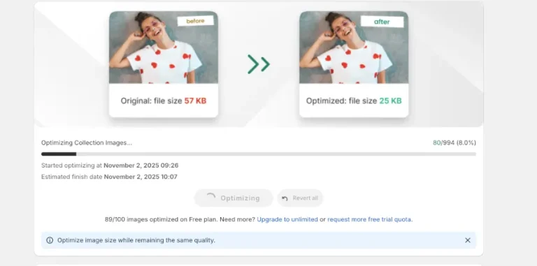 Screenshot of the Avada SEO plugin running and optimizing images. The plugin does not have the option to stop optimization once it starts.