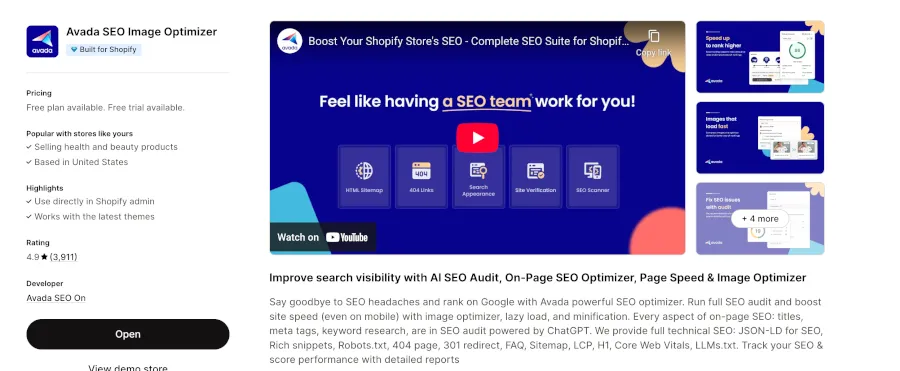 Screenshot of the Avada SEO Shopify plugin page. The page has a YouTube video tile showing the YouTube video play button along with an infographic of the Avada SEO shopify plugin. The infographic shows HTML sitemap generation, 404 links, Search Appearance, Site Verification, and SEO Scanner, all features of the Avada SEO plugin.
