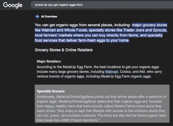 Screenshot of Google AI Overview edit to prioritize quotations from sources and linking to only one page instead of toggling multiple links. The usual link button to toggle sidebar buttons is gone and when you hover over an ai summary text the box is highlighted to let the user know they can click on it.