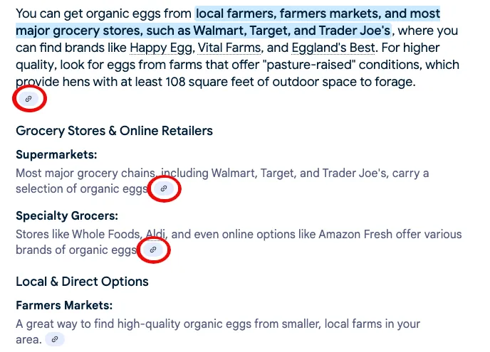 Screenshot showing how small the buttons are for the Google Summary AI link toggle. The image also shows how the text responses are lacking their source.