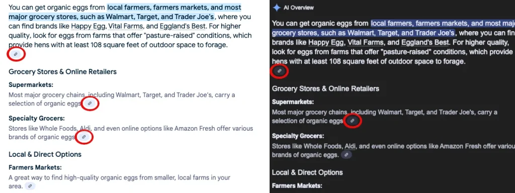 Screenshot showing how small the buttons for the link toggles are in Google AI overviews.
