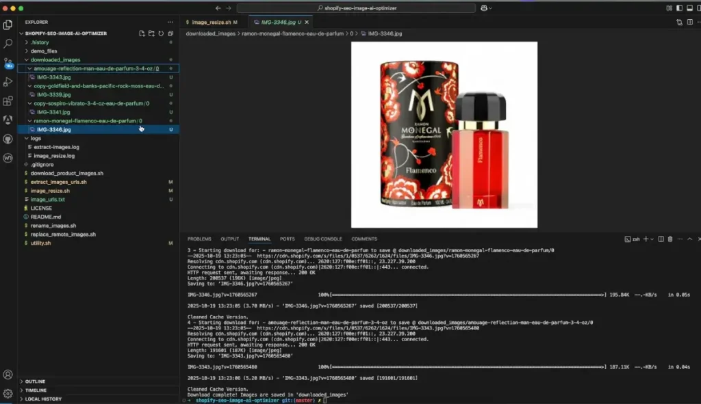 Image of a Visual Studio Code window in MacOS. The window displays the source code the Shopify Product Media SEO AI Optimizer with an open image of a Flamenco Monegal perfume bottle.